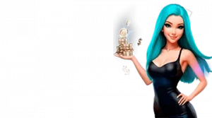 Изображение женского персонажа, держащего стопку монет, рекламирующего приветственный бонус в интернет-казино Леон в игривом и привлекательном стиле.